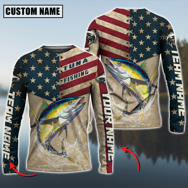 Maxcorners Tuna Fishing American Flag Jersey Sport Pattern Sun Protection Personalized Name, Team Name 3D Shirts