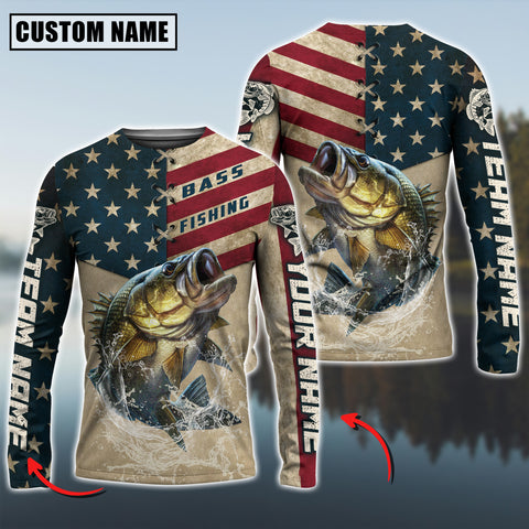 Maxcorners Bass Fishing American Flag Jersey Sport Pattern Sun Protection Personalized Name, Team Name 3D Shirts