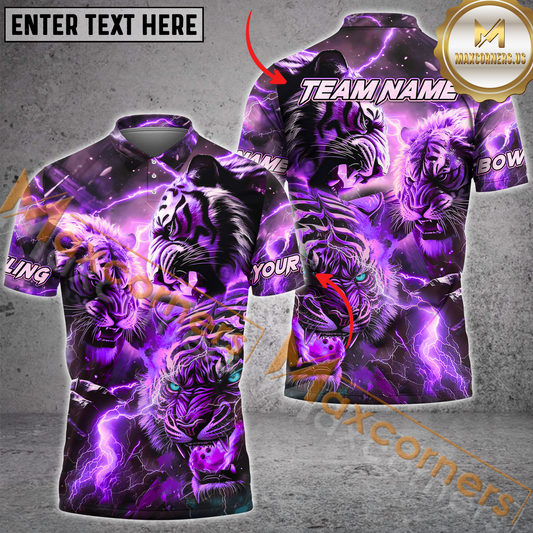 Maxcorners Inner Tiger Striking Lightning Bowling Jersey Multicolor Option Customized Name, Team Name 3D Polo Shirt