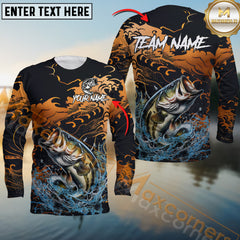 Maxcorners Bass Fishing Jersey Fire Wave Design Personalized Name, Team Name 3D Long Sleeve Shirt