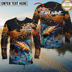 Maxcorners Marlin Fishing Jersey Fire Wave Design Personalized Name, Team Name 3D Long Sleeve Shirt