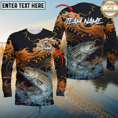 Maxcorners Striped Bass Fishing Jersey Fire Wave Design Personalized Name, Team Name 3D Long Sleeve Shirt