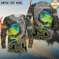 Maxcorners Mahi Mahi Fishing Jersey Realistic Neon Fish & Camo Personalized Name, Team Name 3D Long Sleeve Shirt