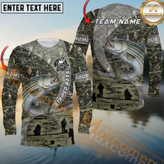 Maxcorners Striped Bass Fishing Jersey Realistic Neon Fish & Camo Personalized Name, Team Name 3D Long Sleeve Shirt