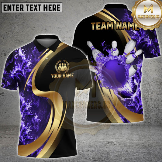 Maxcorners Bowling Flame Bowling Ball And Pins Black And Gold Multicolor Customized Name, Team Name 3D Shirts