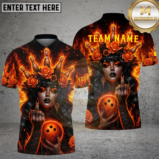 Maxcorners Bowling Gothic Fire Woman and Roses Multicolor Customized Name, Team Name 3D Shirts