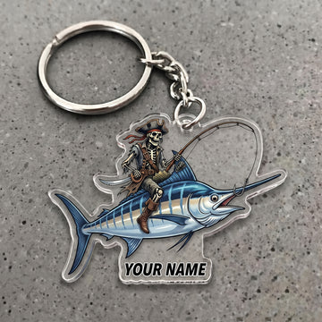 Maxcorners Marlin Fishing Pirate Skull Angler Personalized Name 3D Keychain And Ornament