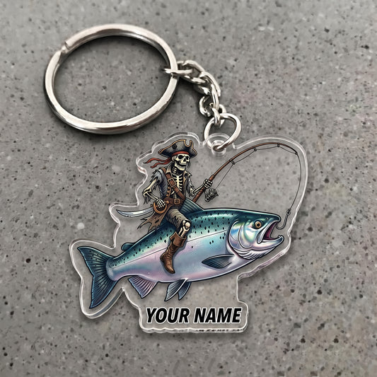 Maxcorners Salmon Fishing Pirate Skull Angler Personalized Name 3D Keychain And Ornament