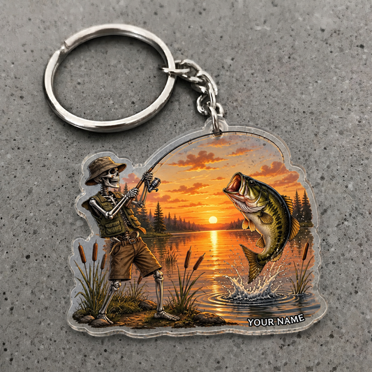 Maxcorners Largemouth Bass Fishing Skull Angler Sunset Personalized Name 3D Keychain And Ornament