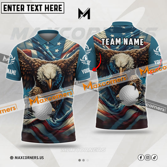 Maxcorners Customized Name Premium Eagle American Flag Pattern Golf Multicolor Option 3D Polo Shirt