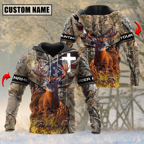 Maxcorners Brown Wilderness Deer Hunting USA Flag Custom Name Shirt 3D All Over Printed Clothes