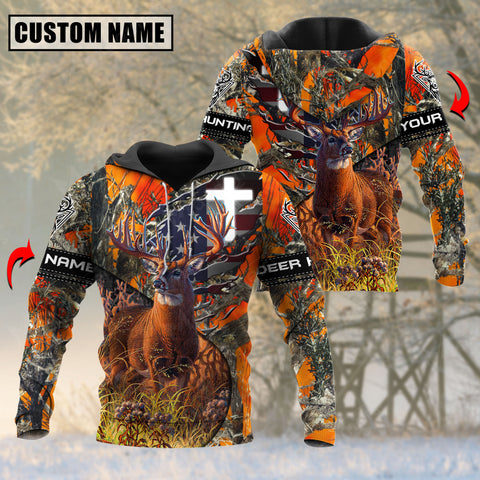 Maxcorners Orange Wilderness Deer Hunting USA Flag Custom Name Shirt 3D All Over Printed Clothes