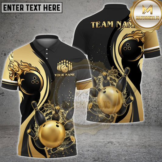 Maxcorners Bowling Black Gold Strike Design Multicolor Customized Name, Team Name 3D Shirt (4 Colors)