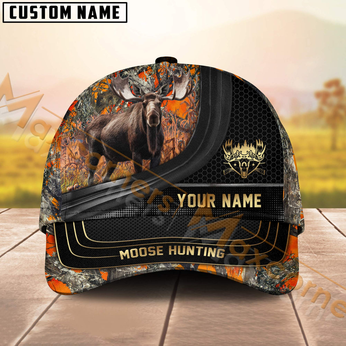 Maxcorners Camouflage Moose Hunting Hexagon Pattern Multicolor Personalized Name 3D Cap