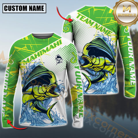 Maxcorners Mahi-Mahi Fishing Jersey Green Splash Personalized Name, Team Name 3D Long Sleeve Shirt