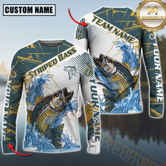 Maxcorners Striped Bass Fishing Jersey  Blue Gold Splash Personalized Name, Team Name 3D Long Sleeve Shirt