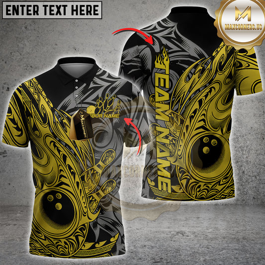 Maxcorners Custom Black And Yellow Flame Tribal Polynesian Bowling Shirt For Women