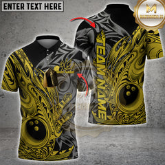 Maxcorners Custom Black And Yellow Flame Tribal Polynesian Bowling Men Polo Shirts, Bowling Team Uniform