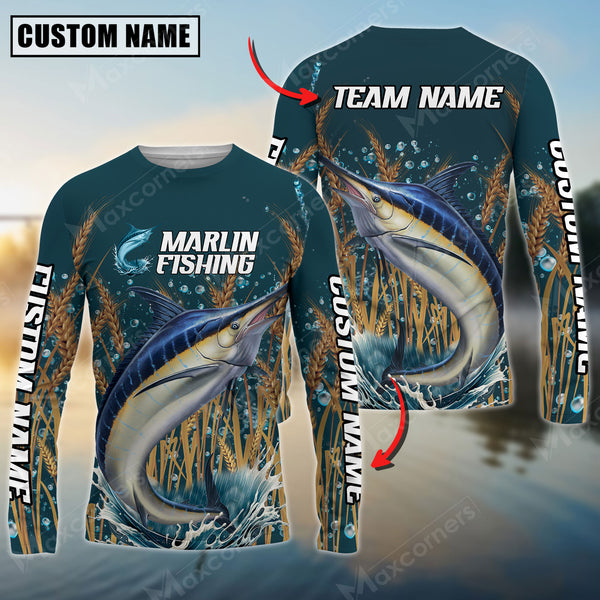 Maxcorners Marlin Fishing Jersey Personalized Name, Team Name Long Sleeve Shirt