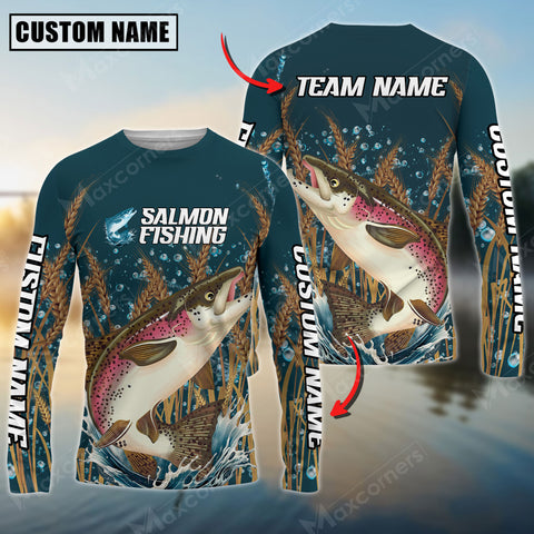 Maxcorners Salmon Fishing Jersey Personalized Name, Team Name Long Sleeve Shirt