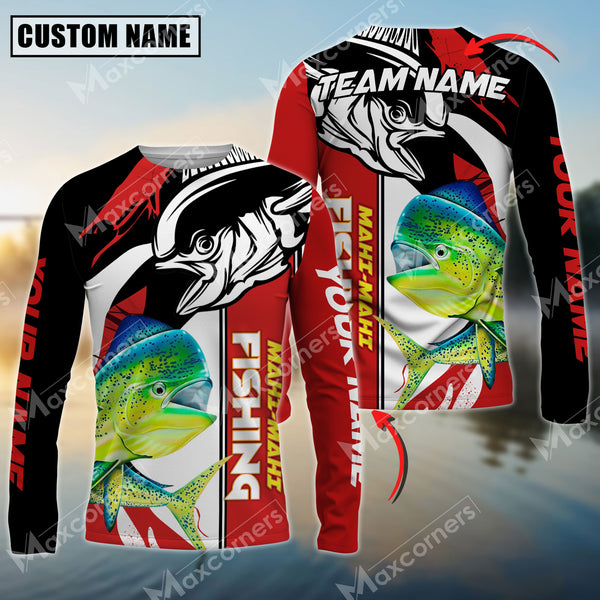 Maxcorners Mahi-Mahi Fishing Black And Red Pattern Pro Sport Jersey Sun Protection Personalized Name And Team Name Long Sleeve Shirt