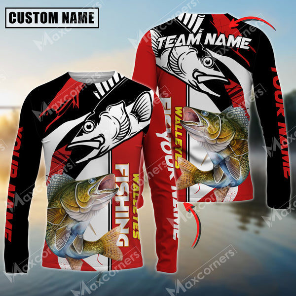 Maxcorners Walleyes Fishing Black And Red Pattern Pro Sport Jersey Sun Protection Personalized Name And Team Name Long Sleeve Shirt