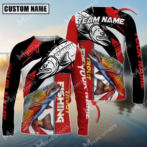 Maxcorners Trout Fishing Black And Red Pattern Pro Sport Jersey Sun Protection Personalized Name And Team Name Long Sleeve Shirt