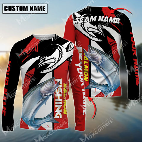 Maxcorners Salmon Fishing Black And Red Pattern Pro Sport Jersey Sun Protection Personalized Name And Team Name Long Sleeve Shirt