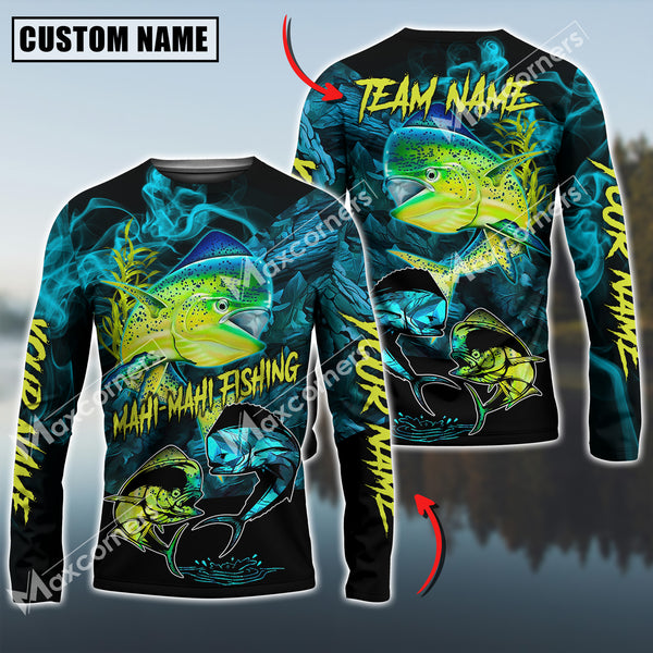 Maxcorners Mahi-Mahi Fishing Blue Smoke Camo Sun Protection Personalized Name, Team Name Long Sleeve Shirt