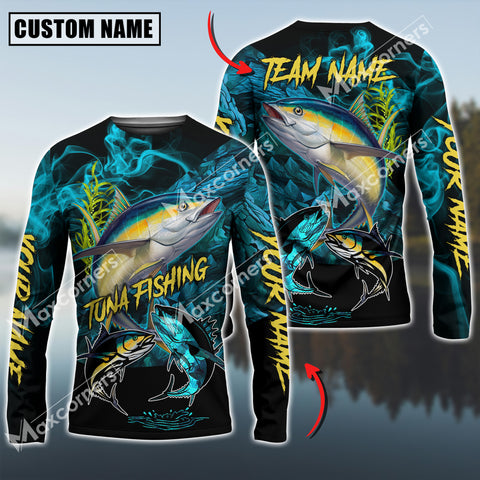 Maxcorners Tuna Fishing Blue Smoke Camo Sun Protection Personalized Name, Team Name Long Sleeve Shirt