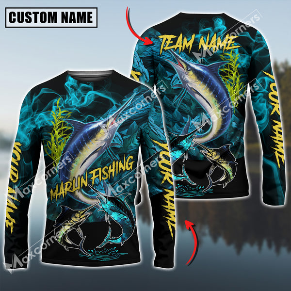 Maxcorners Marlin Fishing Blue Smoke Camo Sun Protection Personalized Name, Team Name Long Sleeve Shirt