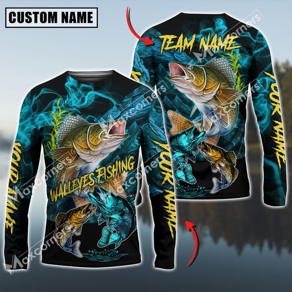 Maxcorners Walleyes Fishing Blue Smoke Camo Sun Protection Personalized Name, Team Name Long Sleeve Shirt