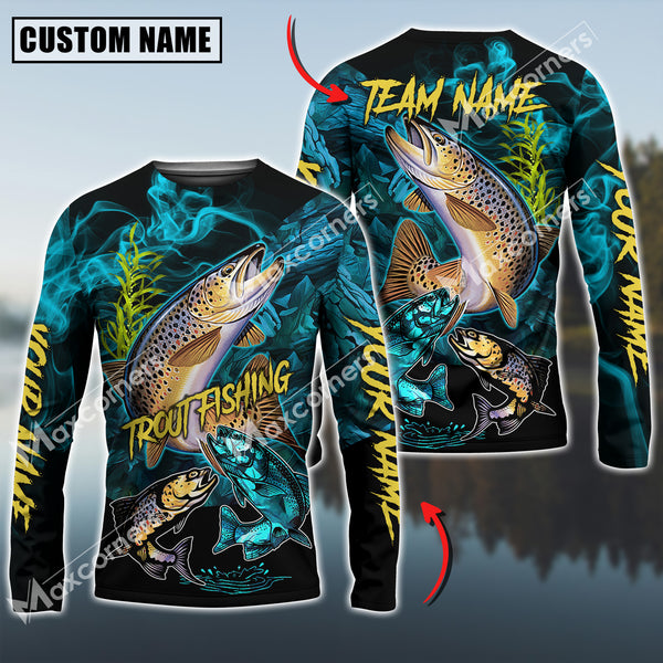 Maxcorners Trout Fishing Blue Smoke Camo Sun Protection Personalized Name, Team Name Long Sleeve Shirt