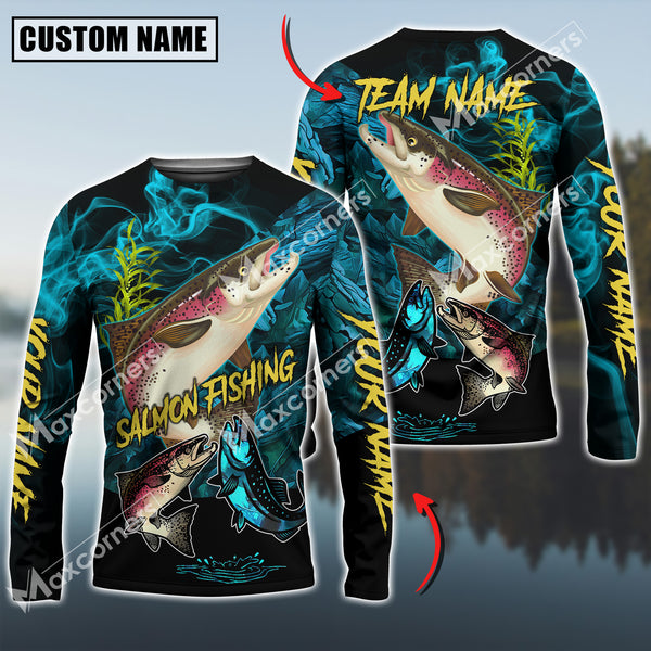 Maxcorners Salmon Fishing Blue Smoke Camo Sun Protection Personalized Name, Team Name Long Sleeve Shirt