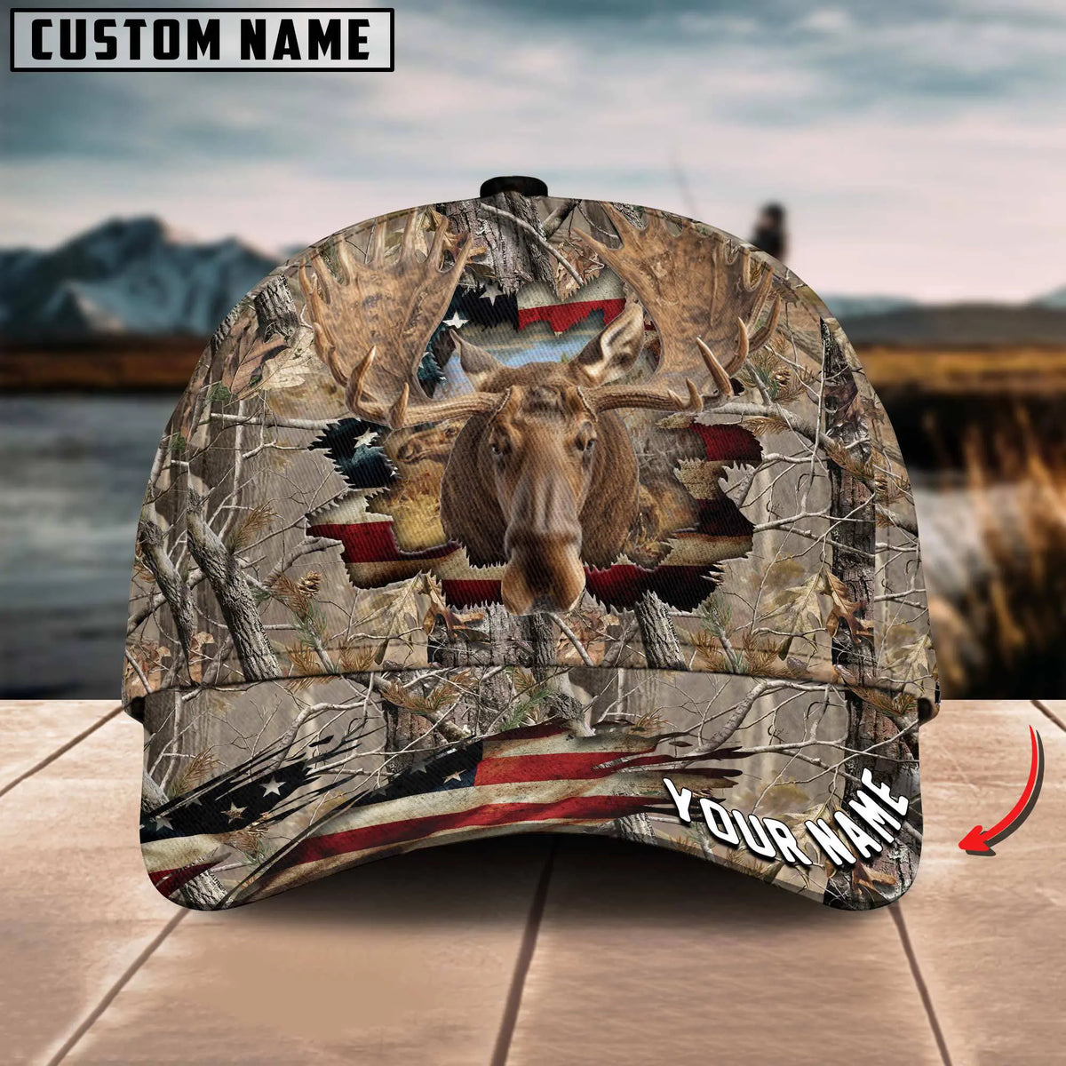 Maxcorners American Flag Hunting Moose Crack Camo Pattern Multicolor Option Personalized Cap