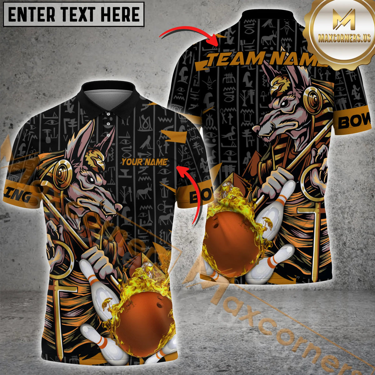 Maxcorners  Anubis Ball And Pins Fire Flame Bowling Jersey Multicolor Option Customized Name, Team Name 3D Polo Shirt