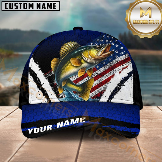 Maxcorners Fishing Bass American Flag Blue Personalized 3D Cap