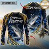 Maxcorners Fishing Blue Wave Gold Pattern Design Sun Protection Personalized Name, Team Name Long Sleeve Shirt