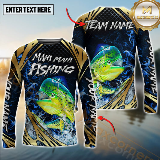 Maxcorners Fishing Blue Wave Gold Pattern Design Sun Protection Personalized Name, Team Name Long Sleeve Shirt