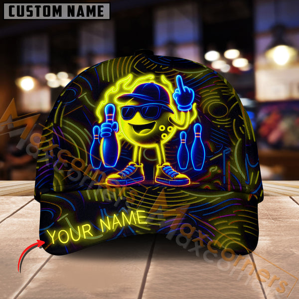 Maxcorners Bowling Neon Ball Champion Multicolor Personalized Name 3D Cap