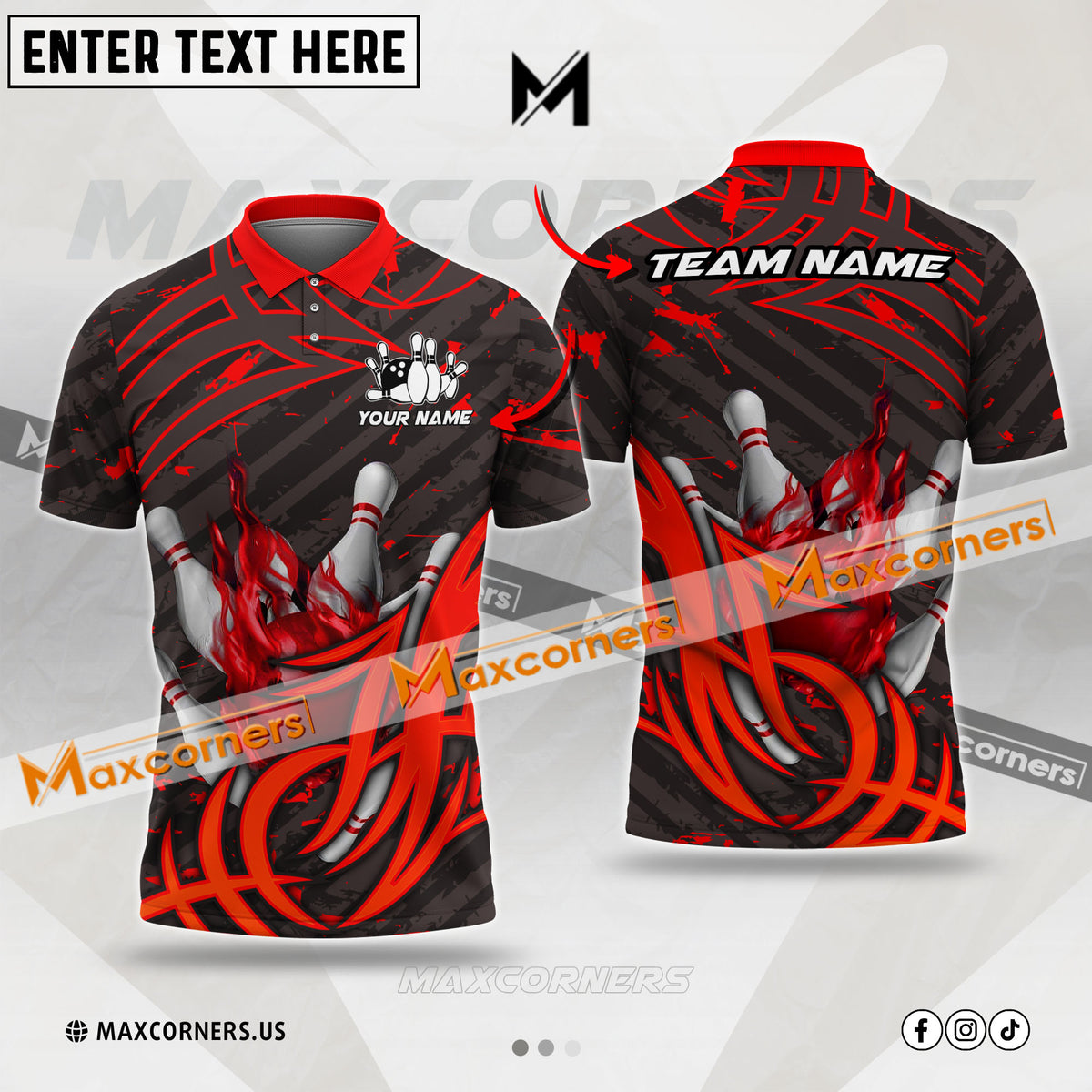 Maxcorners Strike Bowling Jersey Multicolor Option Customized Name, Team Name 3D Polo Shirt