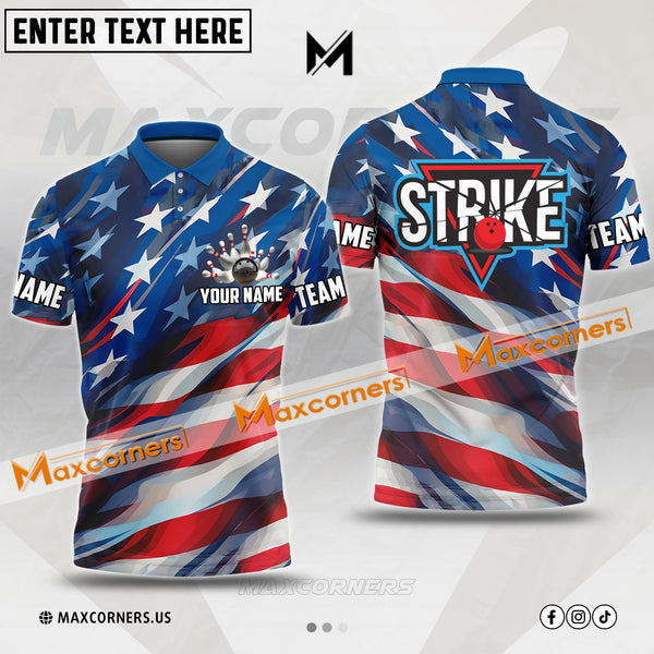 Maxcorners Vintage Flag Bowling Jersey Personalized Name, Team Name 3D Polo Shirt (American, Canadian, Texas, UK)