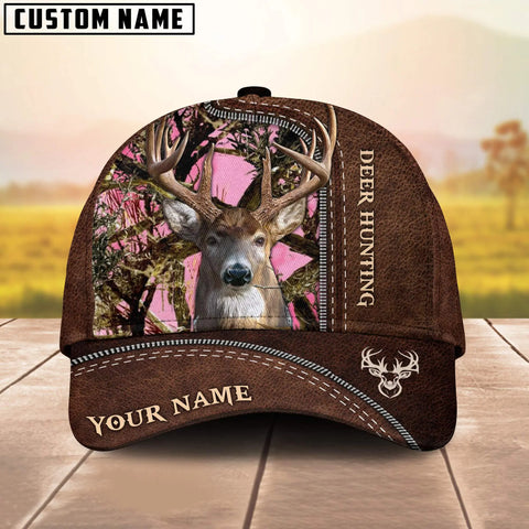 Maxcorners Deer Hunting Brown Leather Pattern Mutilcolored Personalized Name 3D Cap