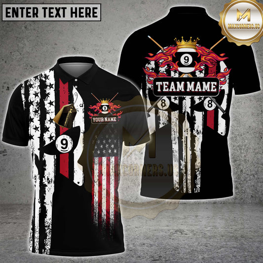 Maxcorners Billiard American Flag Punisher Flaming 9 Ball Personalized Name Team Name 3D Shirt
