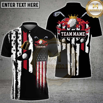 Maxcorners Golf Shirt American Flag Punisher Flaming Golf Ball Clubs Personalized Name Team Name 3D Shirt