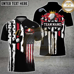 Maxcorners Golf Shirt American Flag Punisher Flaming Golf Ball Clubs Personalized Name Team Name 3D Shirt