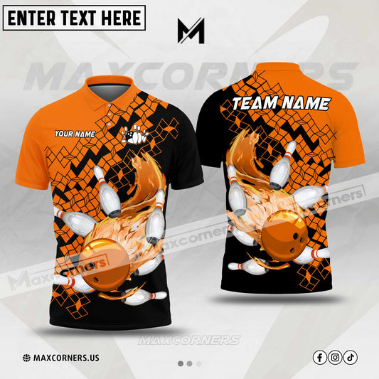 Maxcorners Bowling & Pins Flame Multicolor Option Customized Name, Team Name 3D Polo Shirt (4 Colors)