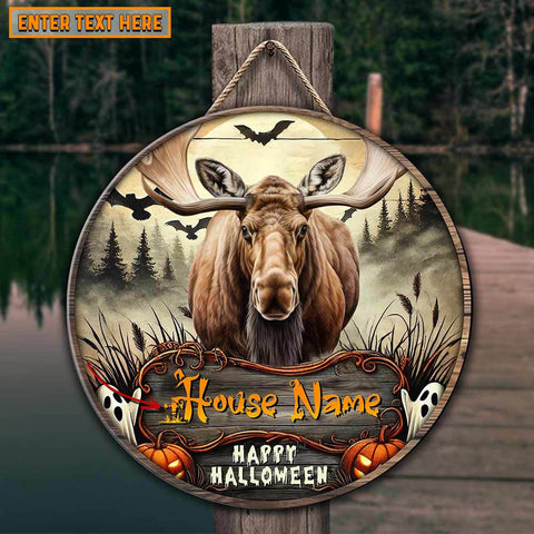 Maxcorners Moose Hunting Customized House Name Halloween Wooden Sign