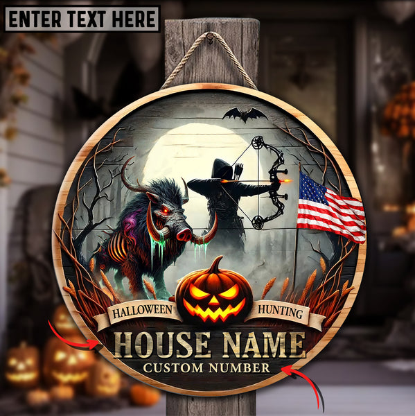 Maxcorners Haunted Hunting Boar Customized House Name Halloween Wooden Sign