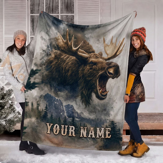 Maxcorners Roaring Moose Mountain Pine Forest Watercolor Art Personalized Name 3D Blanket